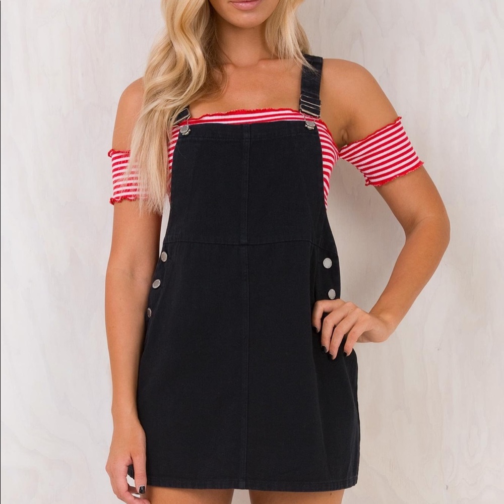 Black Cat Denim Pinafore Dress